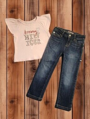 ​Tommy Hilfiger Girls Pink Flutter Sleeve Top & Dark Wash Jeans Outfit Set 4T